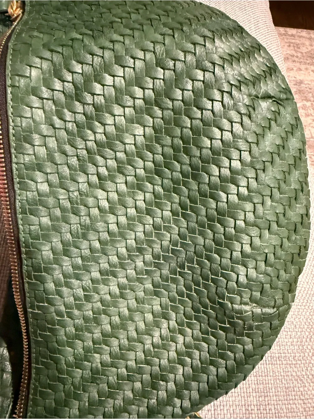 Woven Green Leather Crossbody Bag with Front Zip - Women